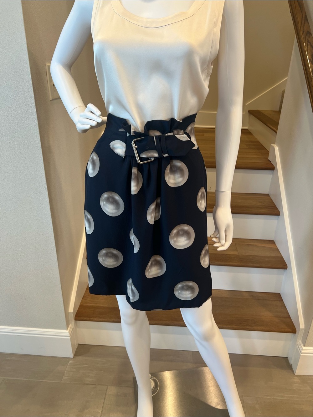 Moschino Navy Silk Skirt with Silver Polka Dot Print and Belt